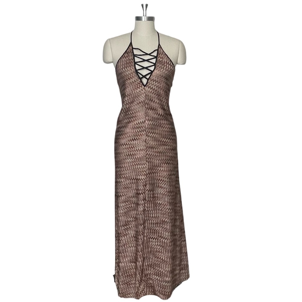 Forever 21 Halter Neck Maxi Dress Brown Pink Chevron Crisscross Plunging Neck